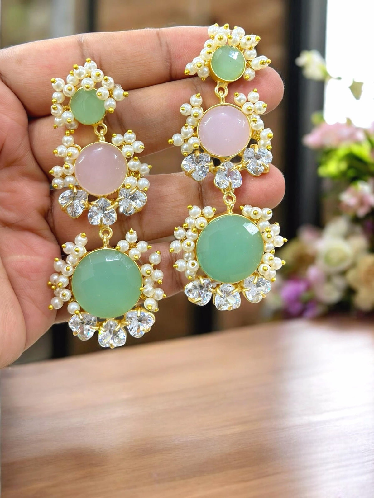 Pastel Green & Pink Stone Long Earrings with Pearl Beads & CZ Accents