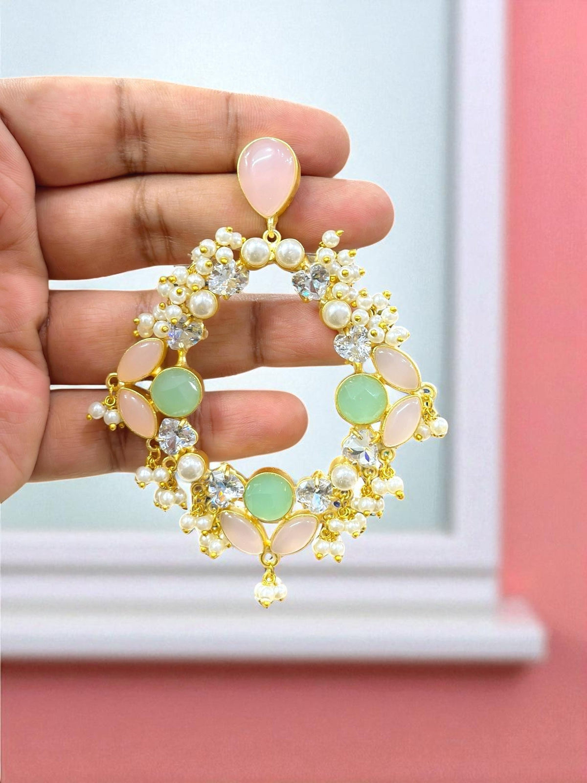 Pastel Green & Pink Circular Hoop Earring with Pearl Beads & CZ Stones