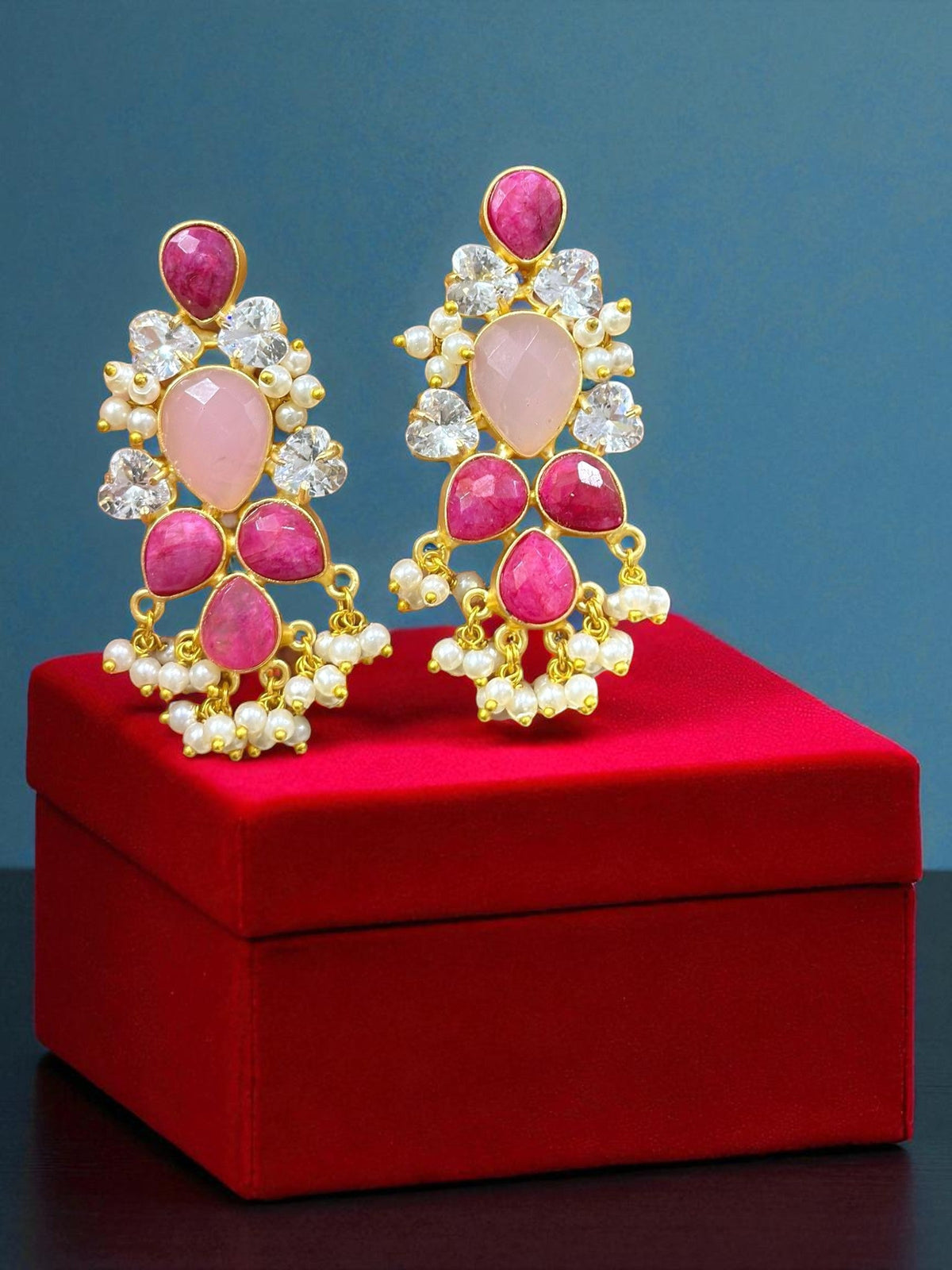 Rose Pink & Ruby Drop Earrings with CZ Stones & Pearl Bead Danglings