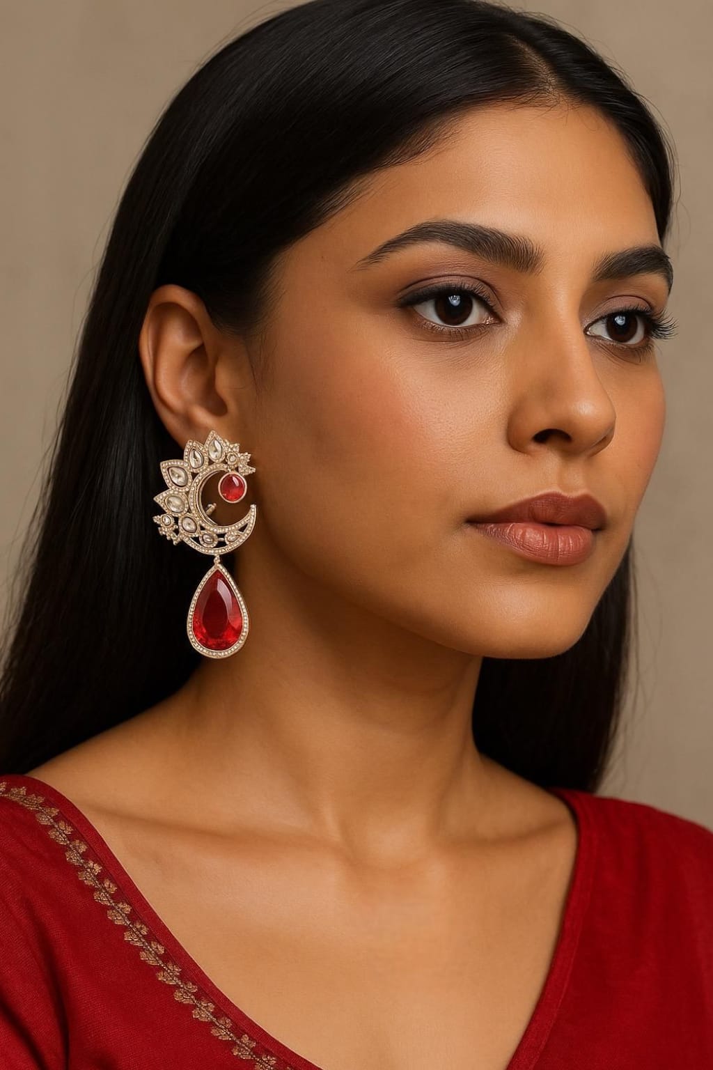 Red Crescent Kundan Drop Earrings – Designer Statement Jewelry