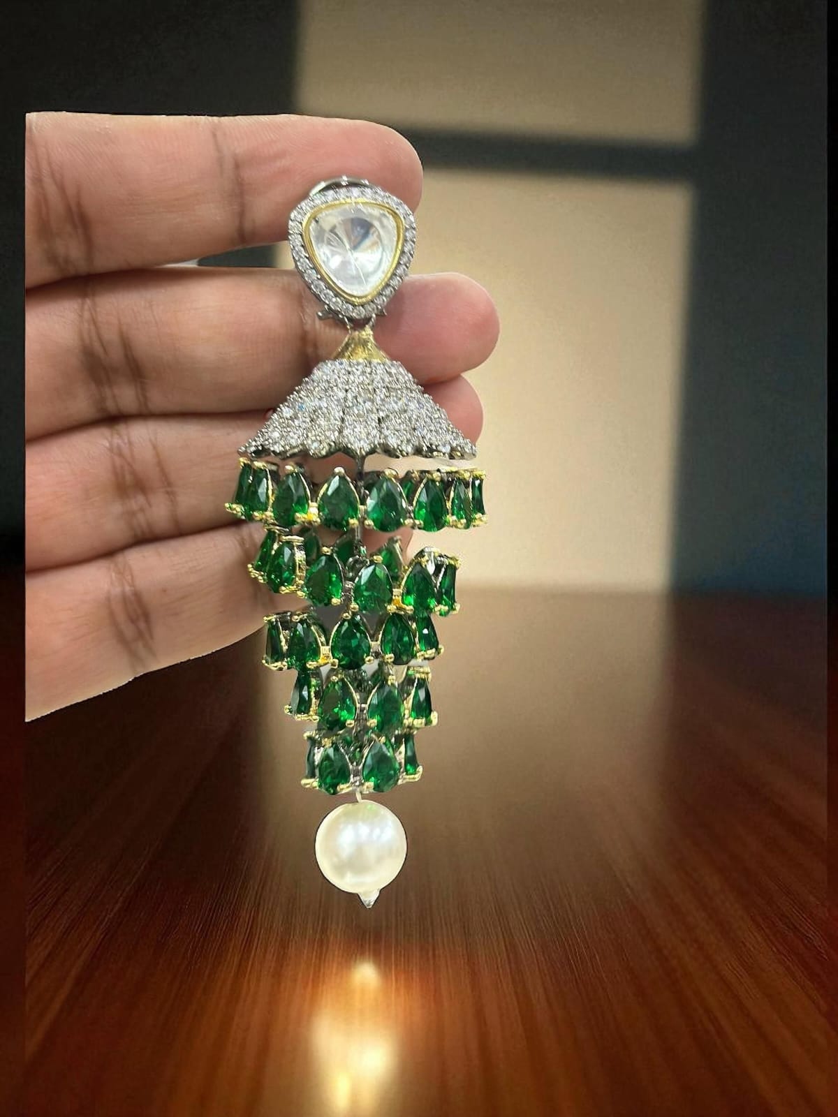 Alia Bhatt Inspired Emerald Jhumka Earrings with Pearl Drop & Mirror Work Bridal Statement Jewelry