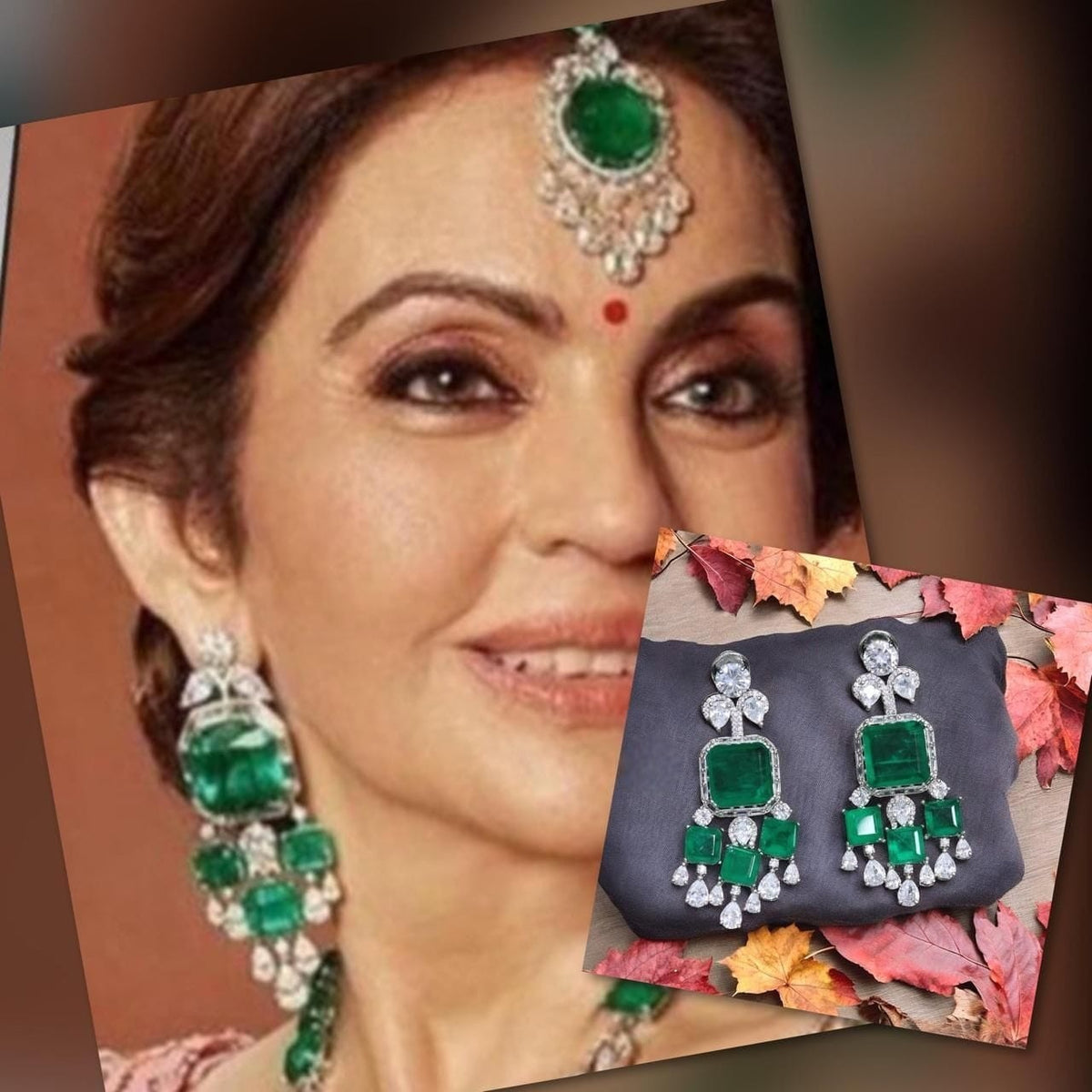 Nita Ambani Inspired Emerald & Diamond Look Dangler Earrings Royal Bridal Statement Jewelry