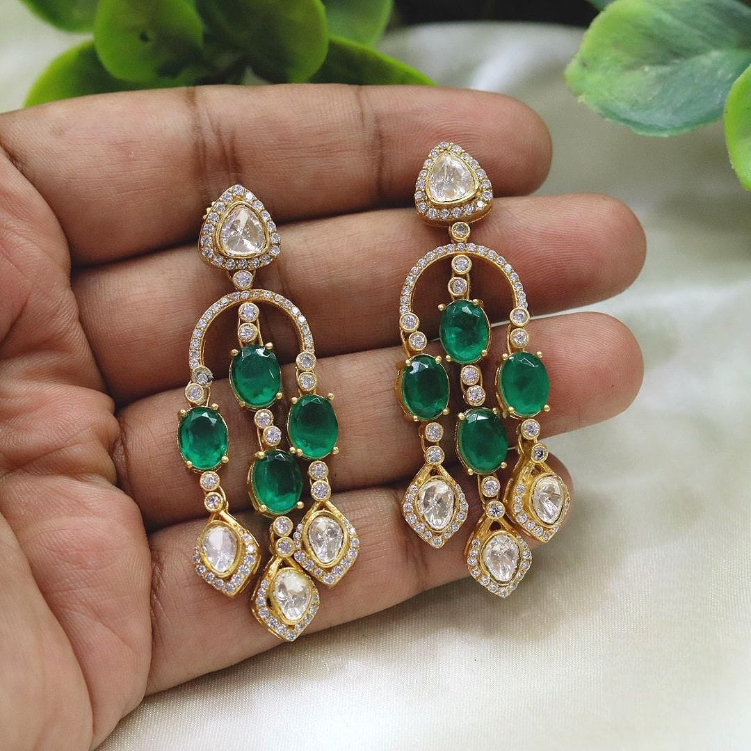 Emerald & Polki Diamond Drop Earrings Gold-Plated Bridal Statement Jewelry