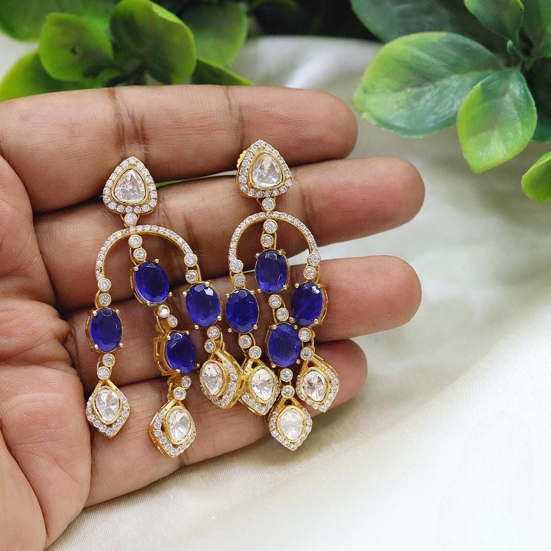 Emerald & Polki Diamond Drop Earrings Gold-Plated Bridal Statement Jewelry