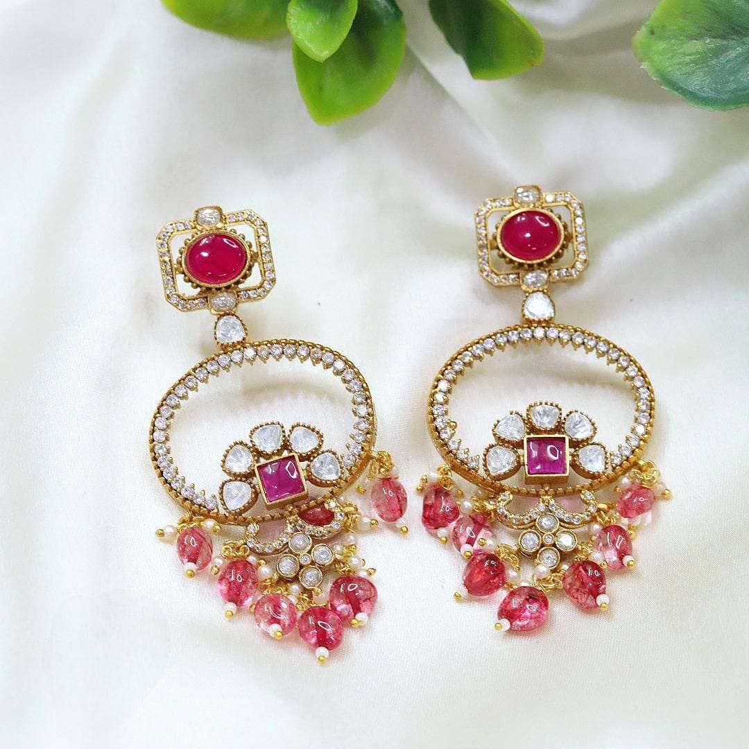 Elegant Ruby & Polki Drop Earrings with Crystal Beads Gold Finish Bridal Statement Jewelry