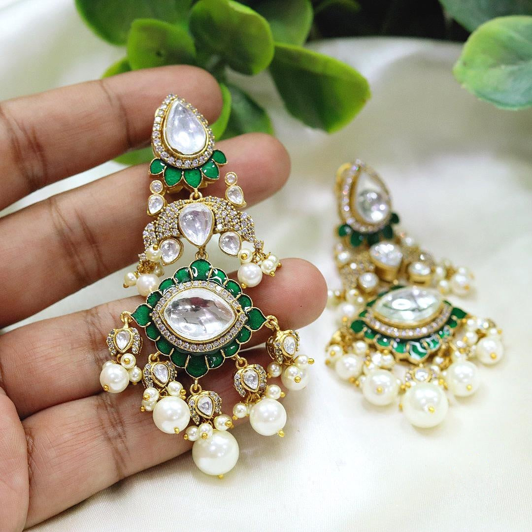 Green Meenakari Kundan Earrings with Pearl Drops Traditional Indian Bridal Jewelry