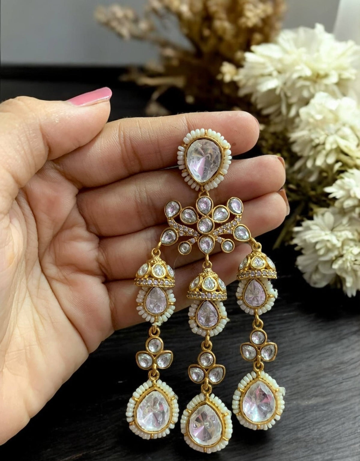 Royal Kundan Pearl Drop Chandbali Earrings with Emerald & Polki Stone Detailing Bridal & Festive Glam