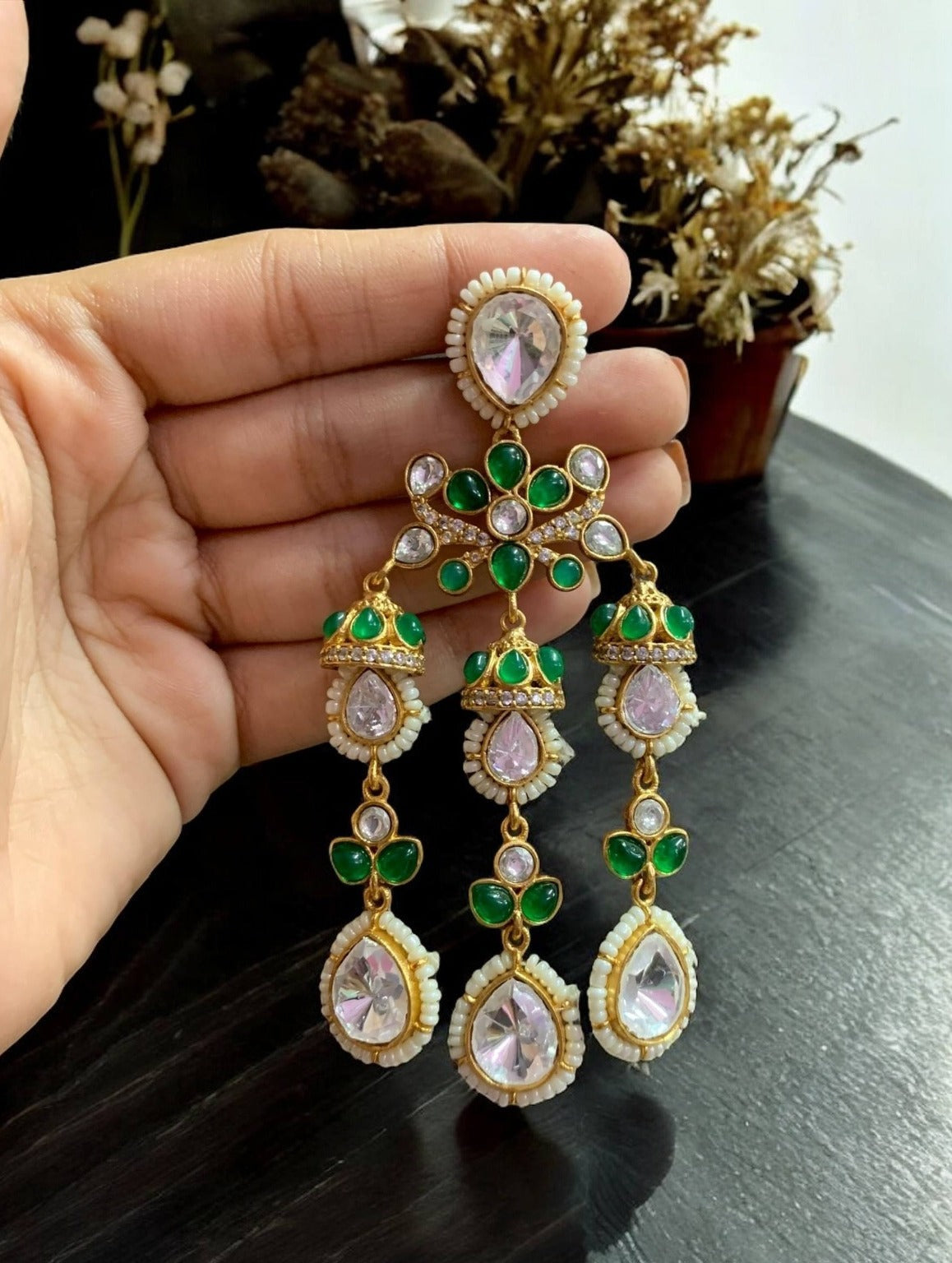 Royal Kundan Pearl Drop Chandbali Earrings with Emerald & Polki Stone Detailing Bridal & Festive Glam