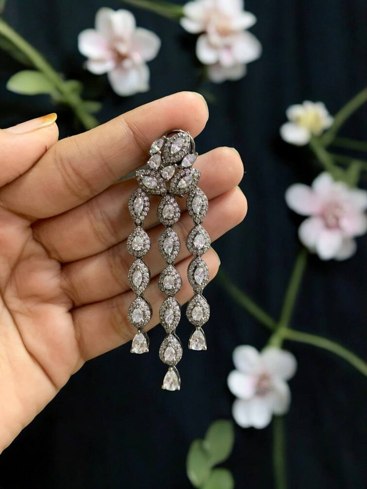 Sparkling Silver Triple Drop CZ Dangle Earrings – Elegant Long Statement Jewelry