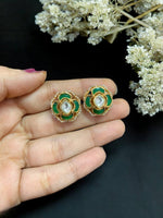 Elegant Floral Kundan Stud Earrings with Green Enamel Traditional Indian Jewelry