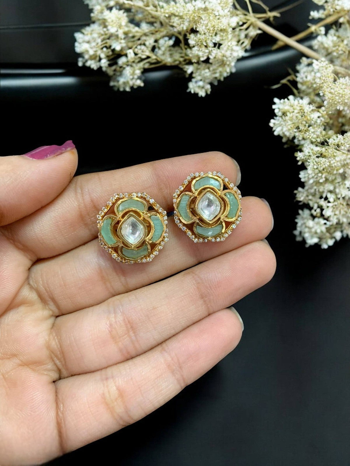 Elegant Floral Kundan Stud Earrings with Green Enamel Traditional Indian Jewelry