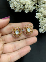 Elegant Floral Kundan Stud Earrings with Green Enamel Traditional Indian Jewelry