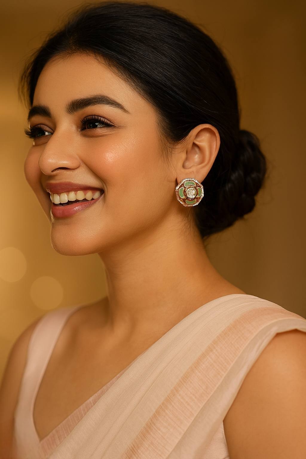 Elegant Floral Kundan Stud Earrings with Green Enamel Traditional Indian Jewelry