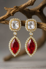 Gold Plated Emerald & Diamond Studded Drop Earrings for Women | Green Stone Party Wear & Wedding Jewelry