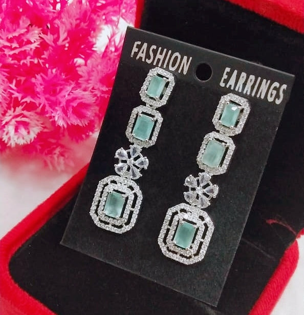 Silver-Plated Green Stone Long Drop Earrings | Stylish Party & Festive Wear Jewelry