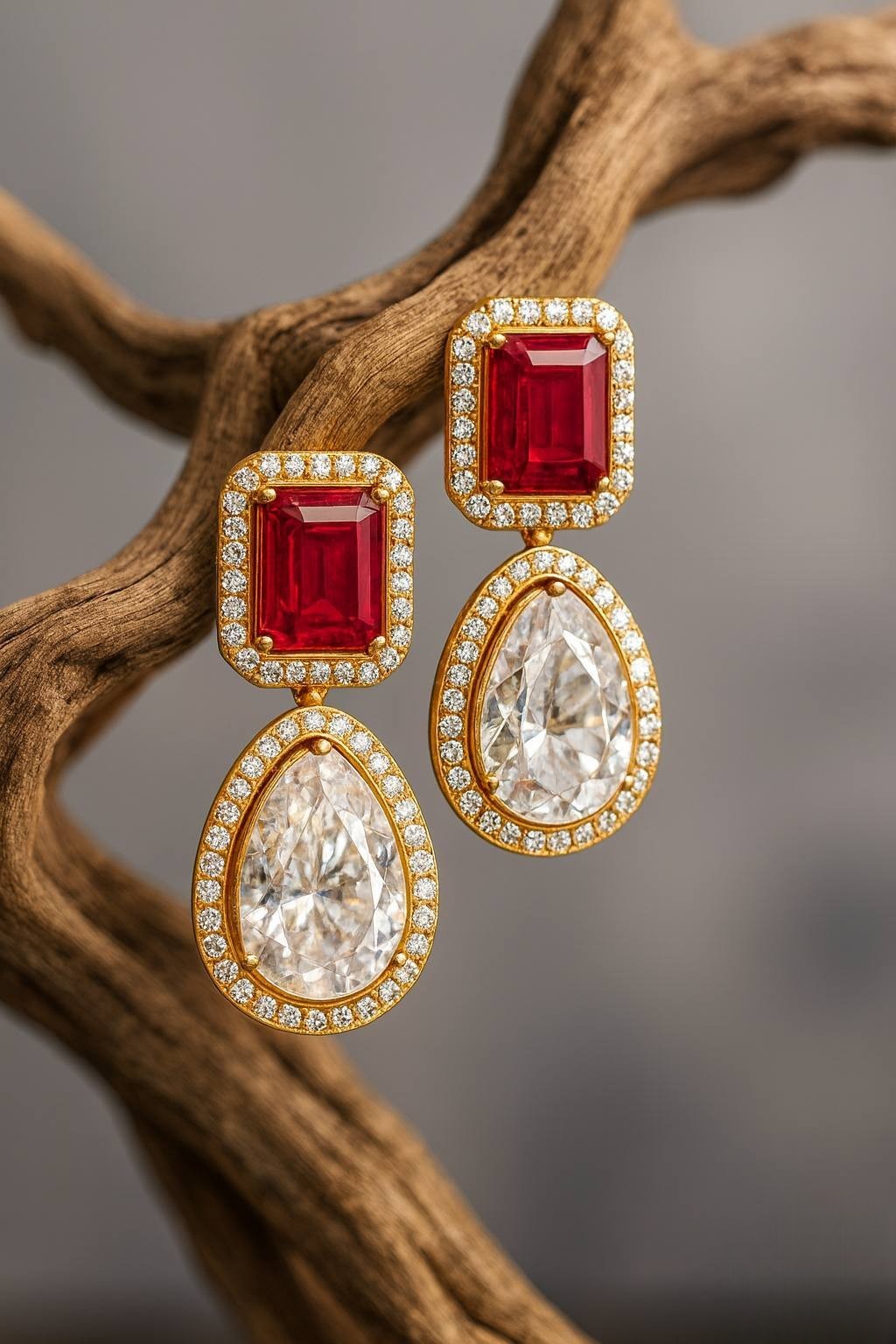 Red Ruby & White Crystal Drop Earrings | Gold-Plated Statement Bridal Jewelry