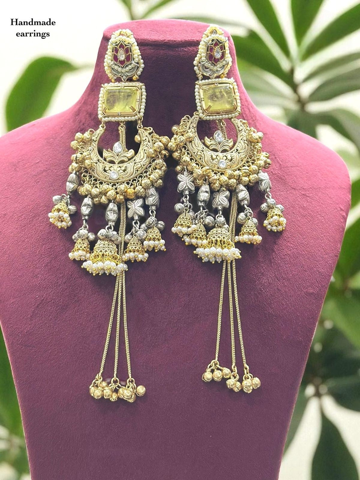 Handmade Long Yellow Stone Jhumka Chandbali Earrings – Bridal & Festive Jewelry