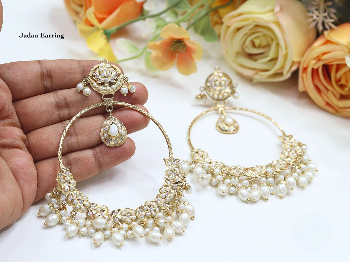 Jadau Pearl Hoop Earrings with Emerald & Ruby Accents – Traditional Indian Jewelry