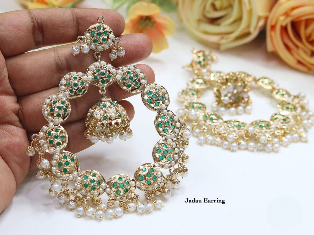 Blue Meenakari Jadau Hoop Earrings with Pearl Drops – Traditional Indian Jewelry