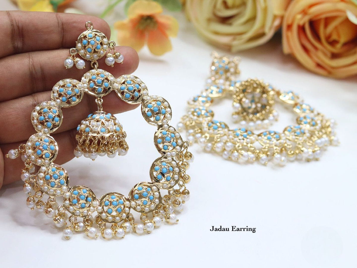 Blue Meenakari Jadau Hoop Earrings with Pearl Drops – Traditional Indian Jewelry