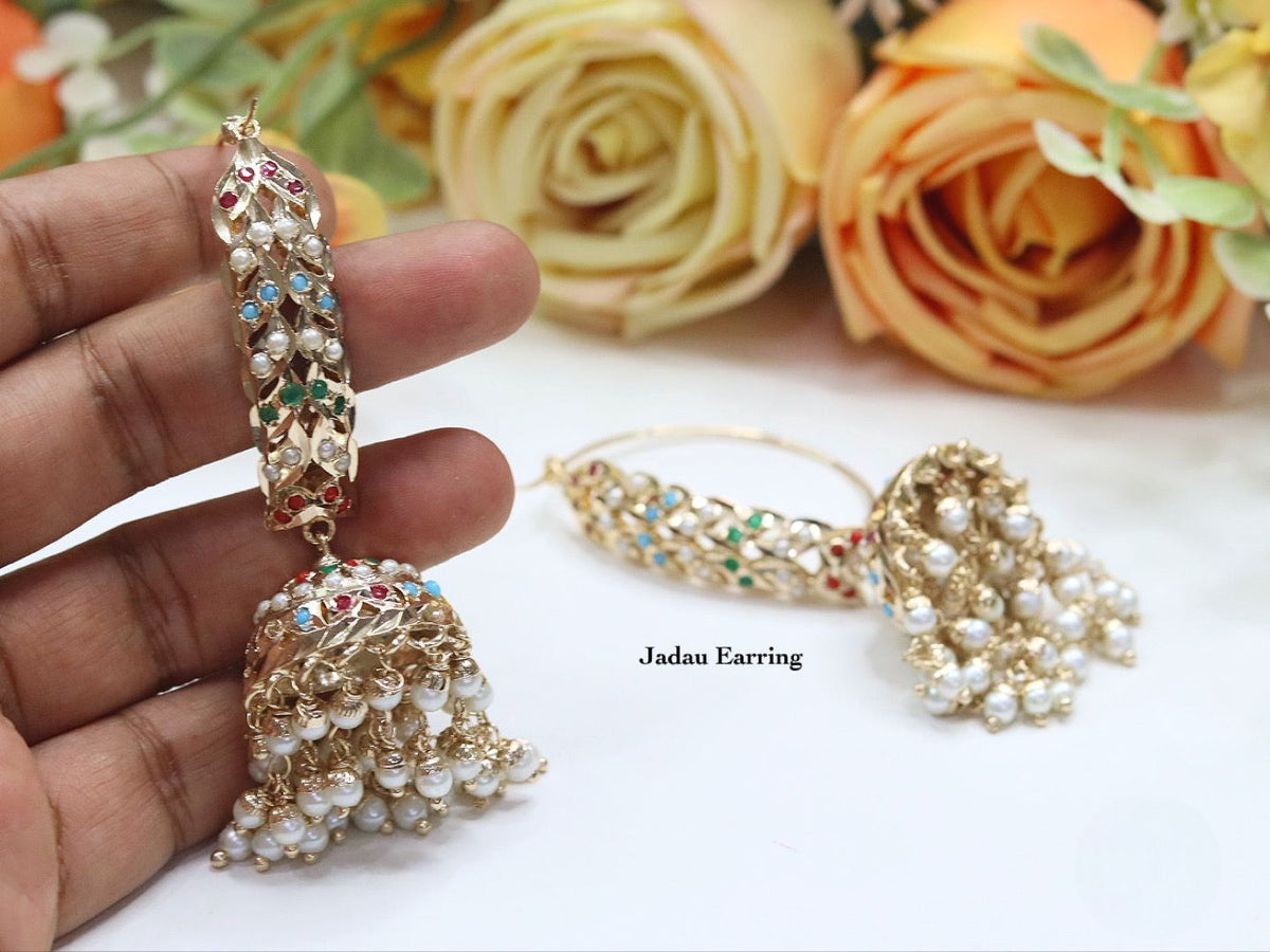 Jadau Hoop Jhumki Earring Set with Pearl Drops – Traditional Indian Jewelry