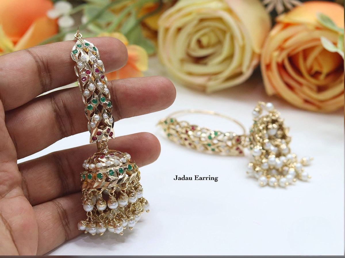 Jadau Hoop Jhumki Earring Set with Pearl Drops – Traditional Indian Jewelry