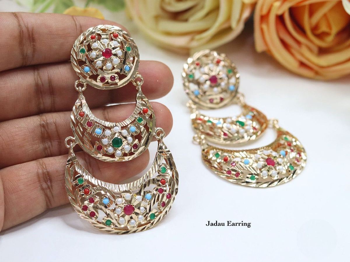 Gold-Plated Jadau Chandbali Earrings Set | Indian Jewellery | Pearl Accents Indian Earring Set