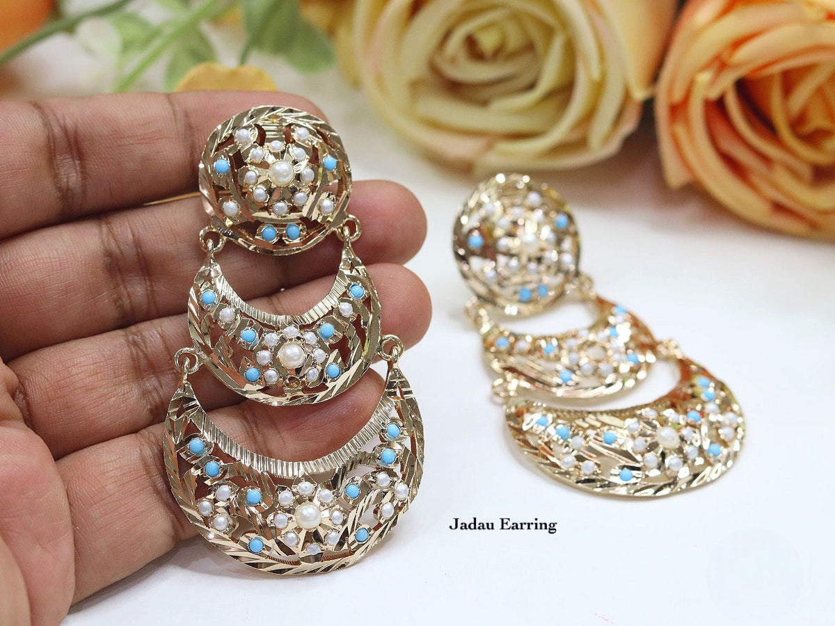 Gold-Plated Jadau Chandbali Earrings Set | Indian Jewellery | Pearl Accents Indian Earring Set