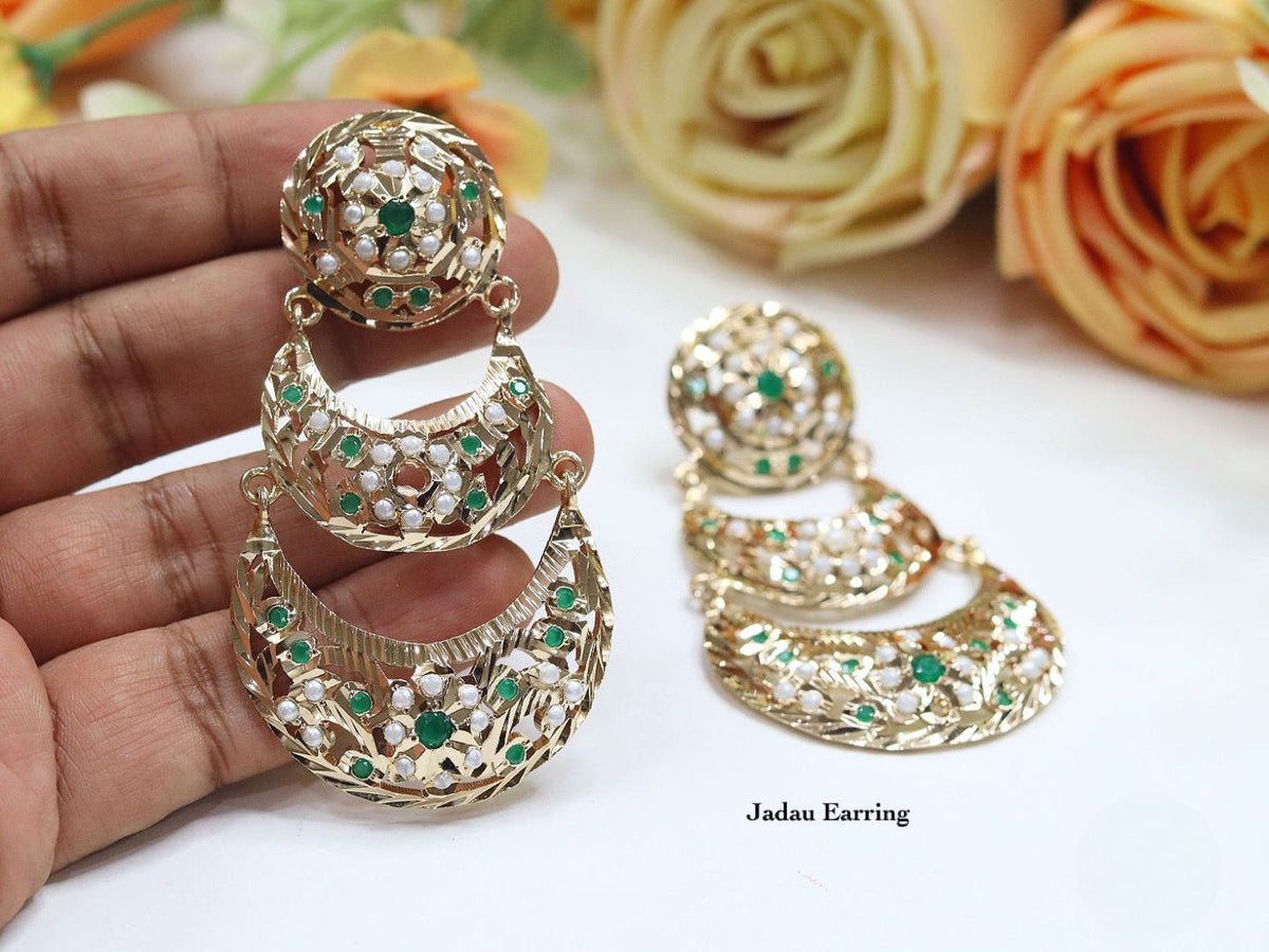 Gold-Plated Jadau Chandbali Earrings Set | Indian Jewellery | Pearl Accents Indian Earring Set