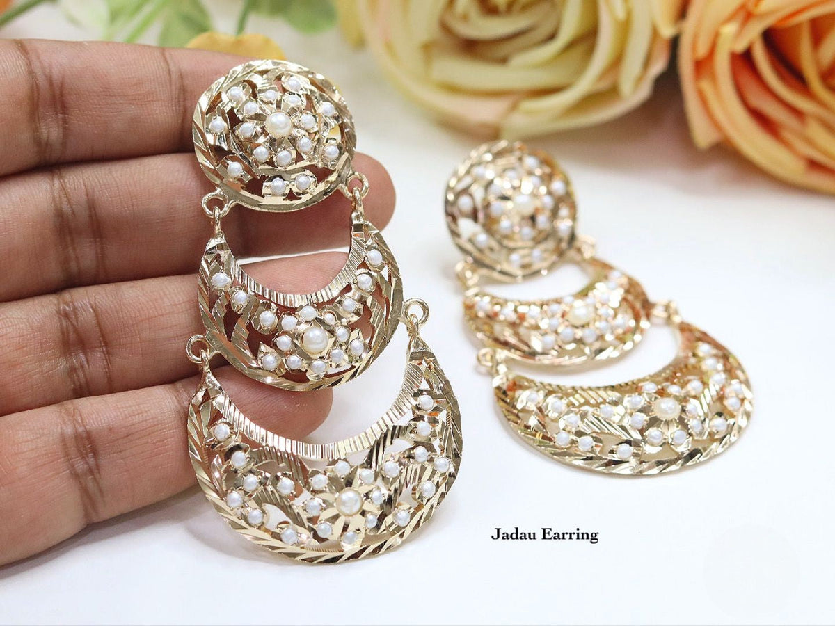 Gold-Plated Jadau Chandbali Earrings Set | Indian Jewellery | Pearl Accents Indian Earring Set