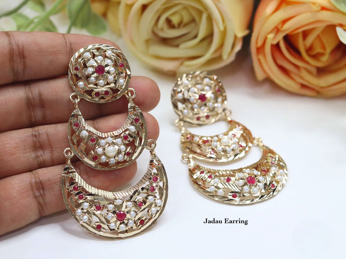 Gold-Plated Jadau Chandbali Earrings Set | Indian Jewellery | Pearl Accents Indian Earring Set