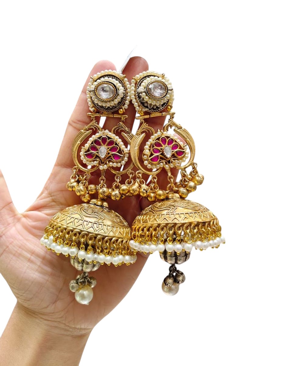 Classic Jhumka Earrings with Emerald Green Accents, Kundan & Pearl Drops