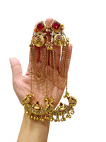 Grand Gold Plated Peacock Kalash Earrings with Emerald Stones, Multi-Chain Saharas & Pearl Accents