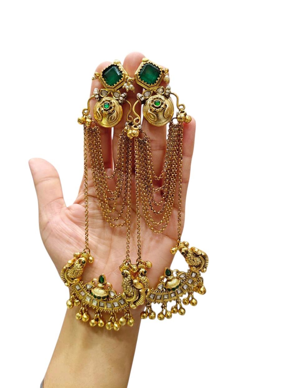 Grand Gold Plated Peacock Kalash Earrings with Emerald Stones, Multi-Chain Saharas & Pearl Accents