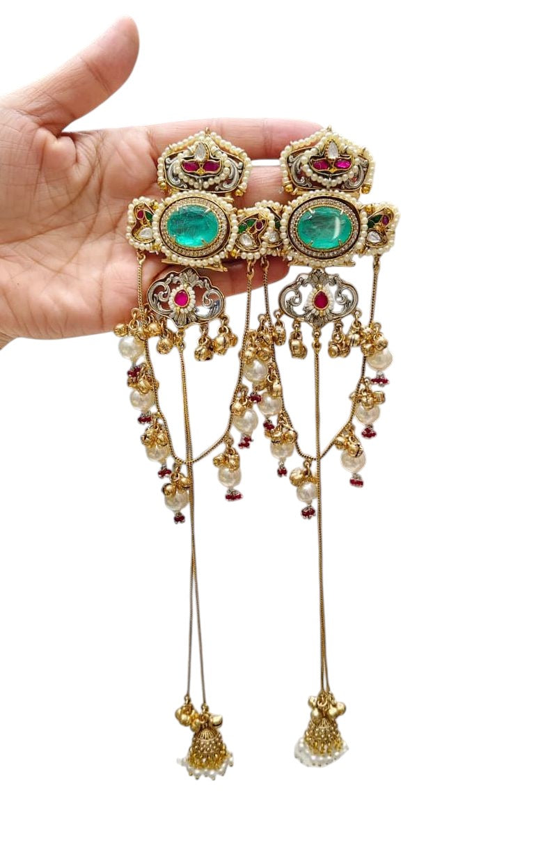 Regal Emerald & Ruby Jadau Earrings with Cascading Pearl Drops & Sahara Chains - Heavy Traditional Gold Plated
