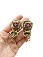 Regal Floral Stud Earrings with Emerald & Ruby Stones, Kundan & Pearls