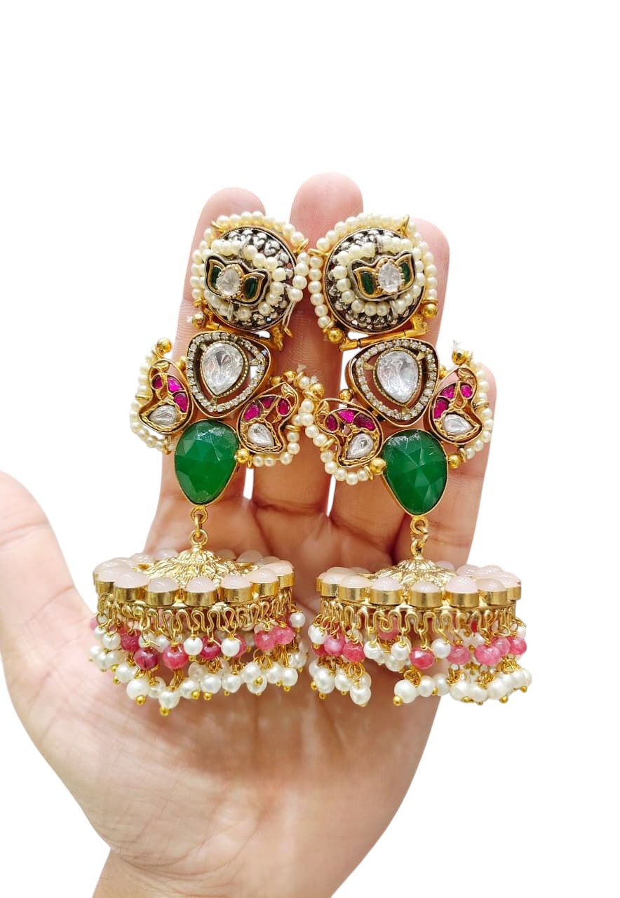 Grand Kundan & Meenakari Jhumka Earrings with Green Stones, Pearls & Ruby Beads