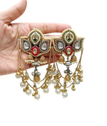 Royal Kundan Peacock Kalash Earrings with Emerald Accents, Multi-Chain Saharas & Pearl Drops – Bridal Jewelry