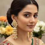 Antique Gold Plated Long Kundan Jhumka Earrings with Pearl Drops – Bridal Jewelry