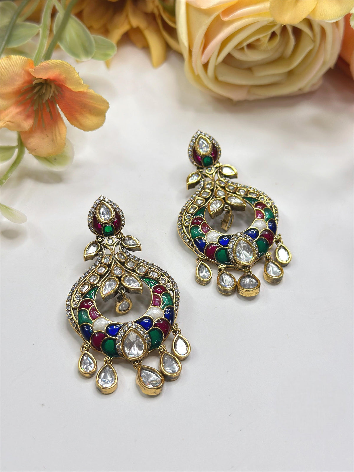 Multicolour Meenakari Kundan Chandbali Earrings with Pear-Shaped Stones – Traditional Indian Jewelry
