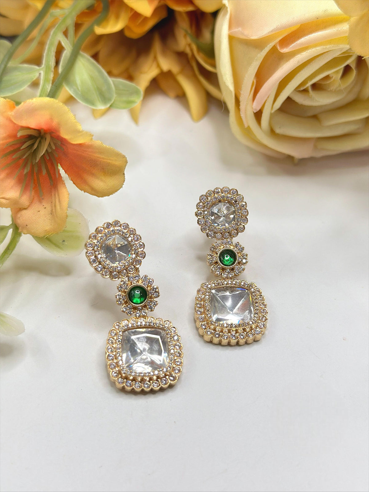 Gold-Plated Square Kundan Drop Earrings with Ruby Accent – Elegant Party Wear Jewelry