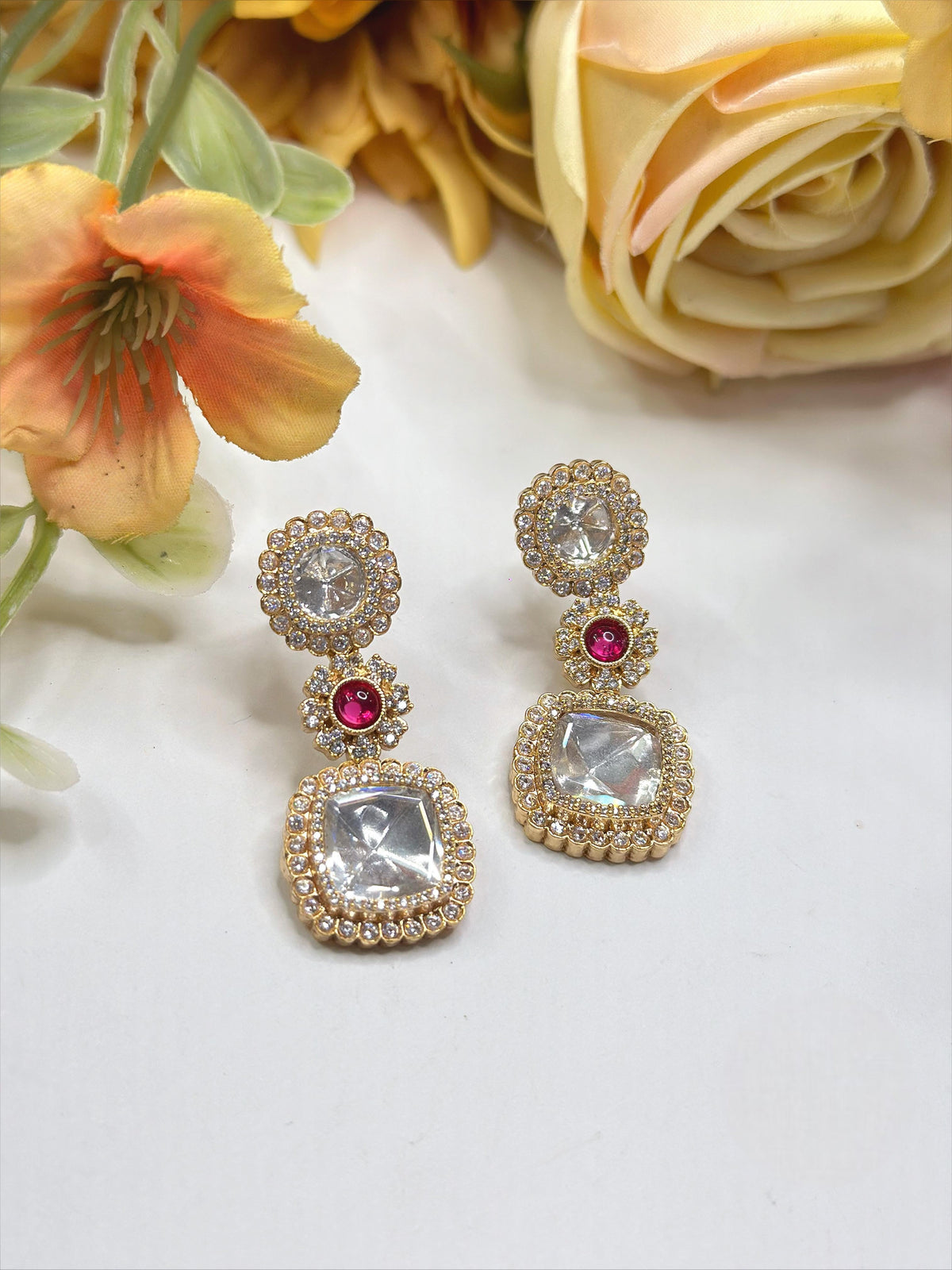 Gold-Plated Square Kundan Drop Earrings with Ruby Accent – Elegant Party Wear Jewelry