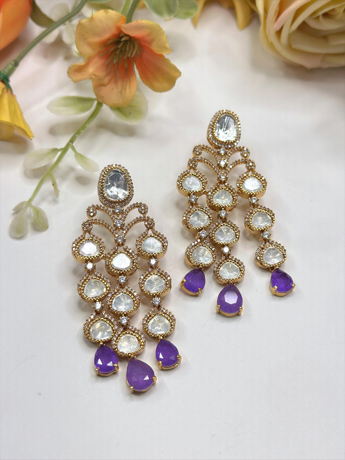 Royal Kundan & Amethyst Drop Chandelier Earrings