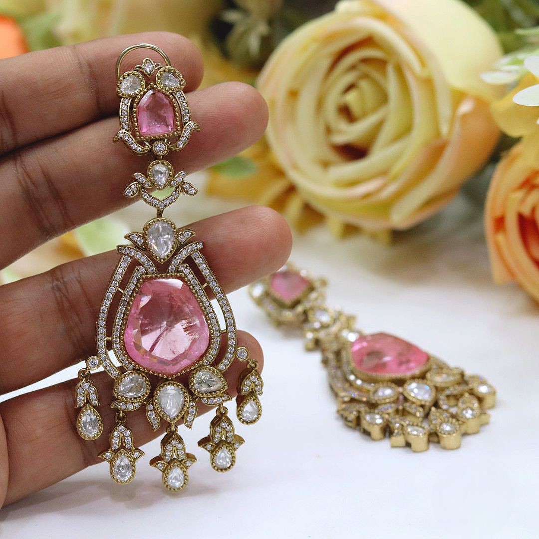 Royal Pink Drop AD Earrings – Luxury Bridal & Party Wear Jewelry