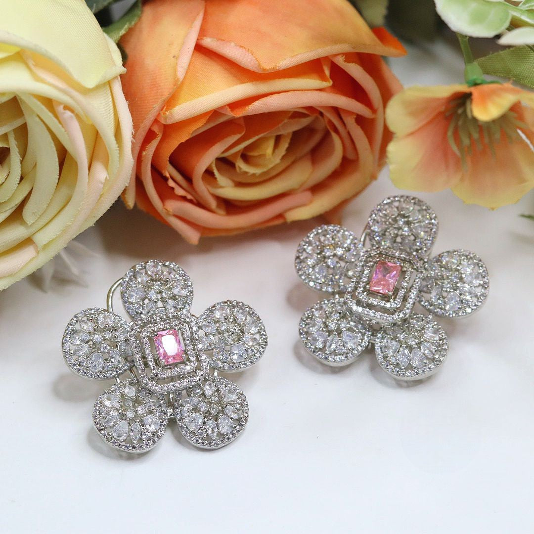 Blossom Radiance Pink Stone Floral Earrings – Elegant Party Glam