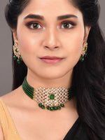 White & Green American Diamond Studded Choker Uncut Polki Jewellery Set - Libasaa