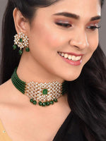 White & Green American Diamond Studded Choker Uncut Polki Jewellery Set - Libasaa