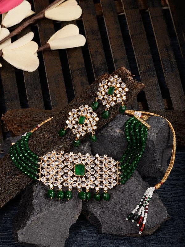 White & Green American Diamond Studded Choker Uncut Polki Jewellery Set - Libasaa