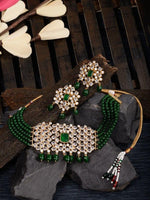 White & Green American Diamond Studded Choker Uncut Polki Jewellery Set - Libasaa