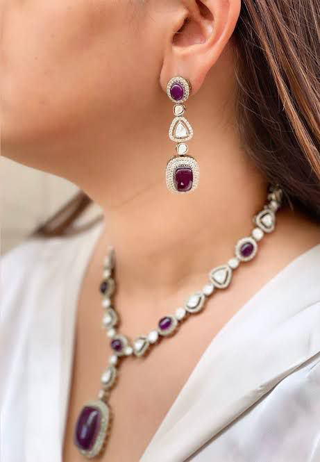 Punjabi Silver Plated Polki Necklace Set For Wedding